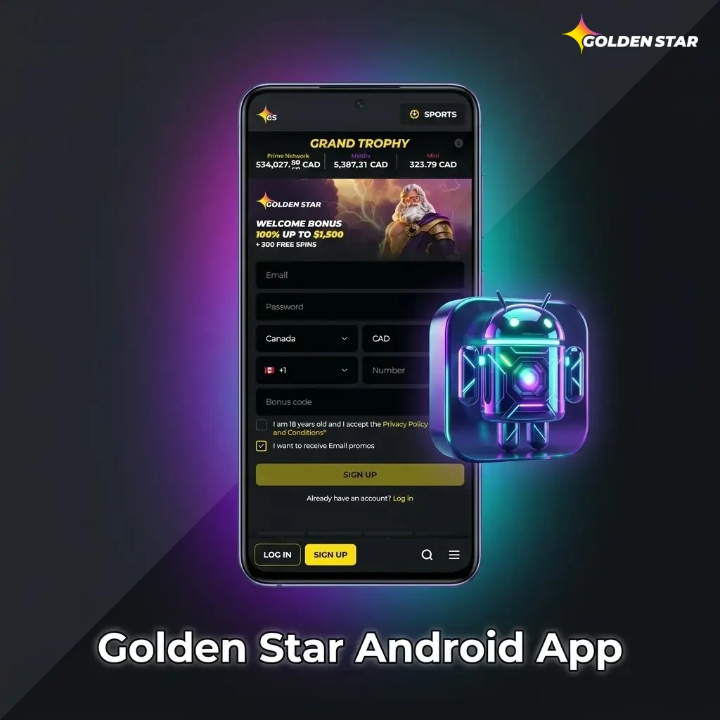 Golden Star Android app interface showing sports betting and casino games available for Canadian players