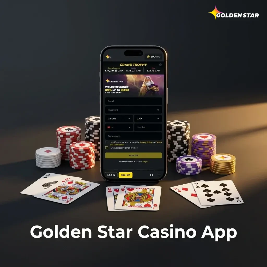 Golden Star Casino app interface showing live casino games, slots, and sports betting on mobile device