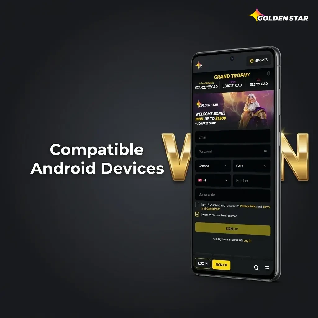 List of compatible Android devices for Golden Star app including Samsung, Google Pixel, OnePlus, and more available in Canada