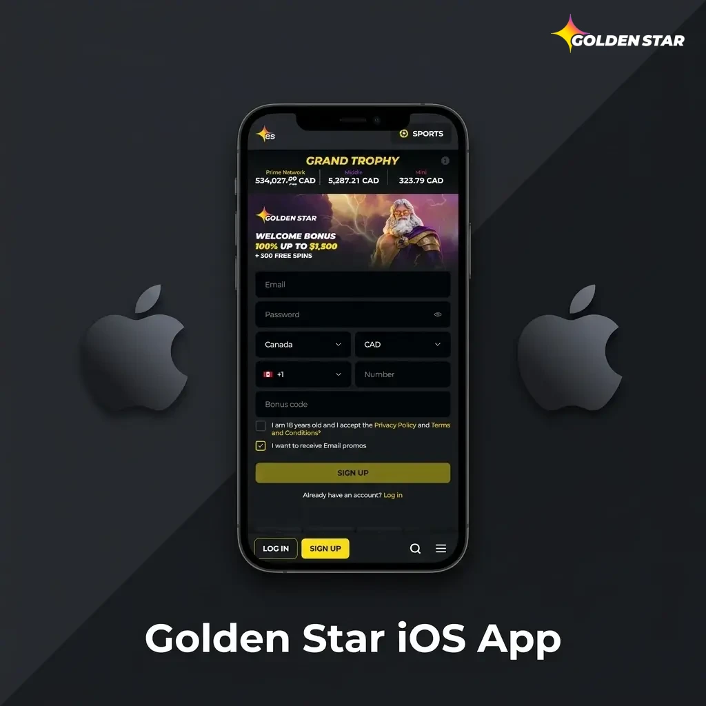 Golden Star Casino iOS app interface on iPhone and iPad, showing betting markets and casino games for Canadian users.