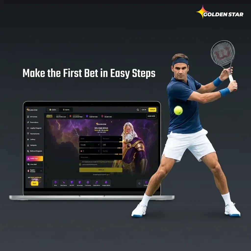Golden Star Casino step-by-step first bet guide showing registration, deposit, sport selection, and bet slip process