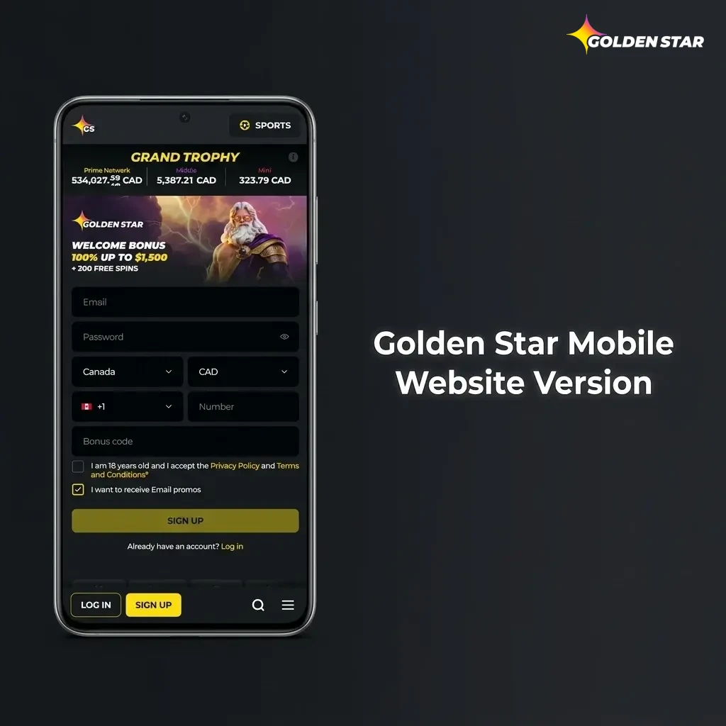 Golden Star mobile website displayed on a smartphone browser in Canada, showing sports betting and casino options