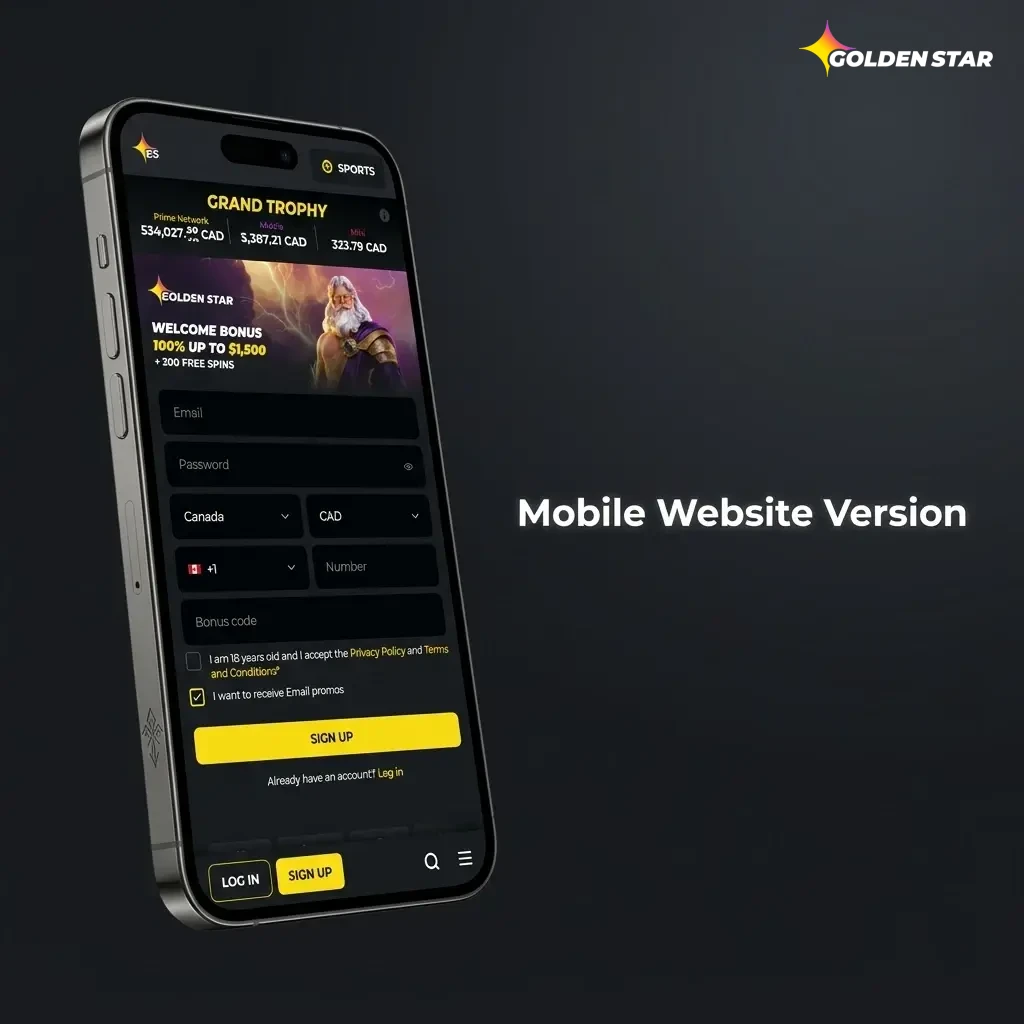 Golden Star mobile website on smartphone browser with sports betting and casino games for Canadian players