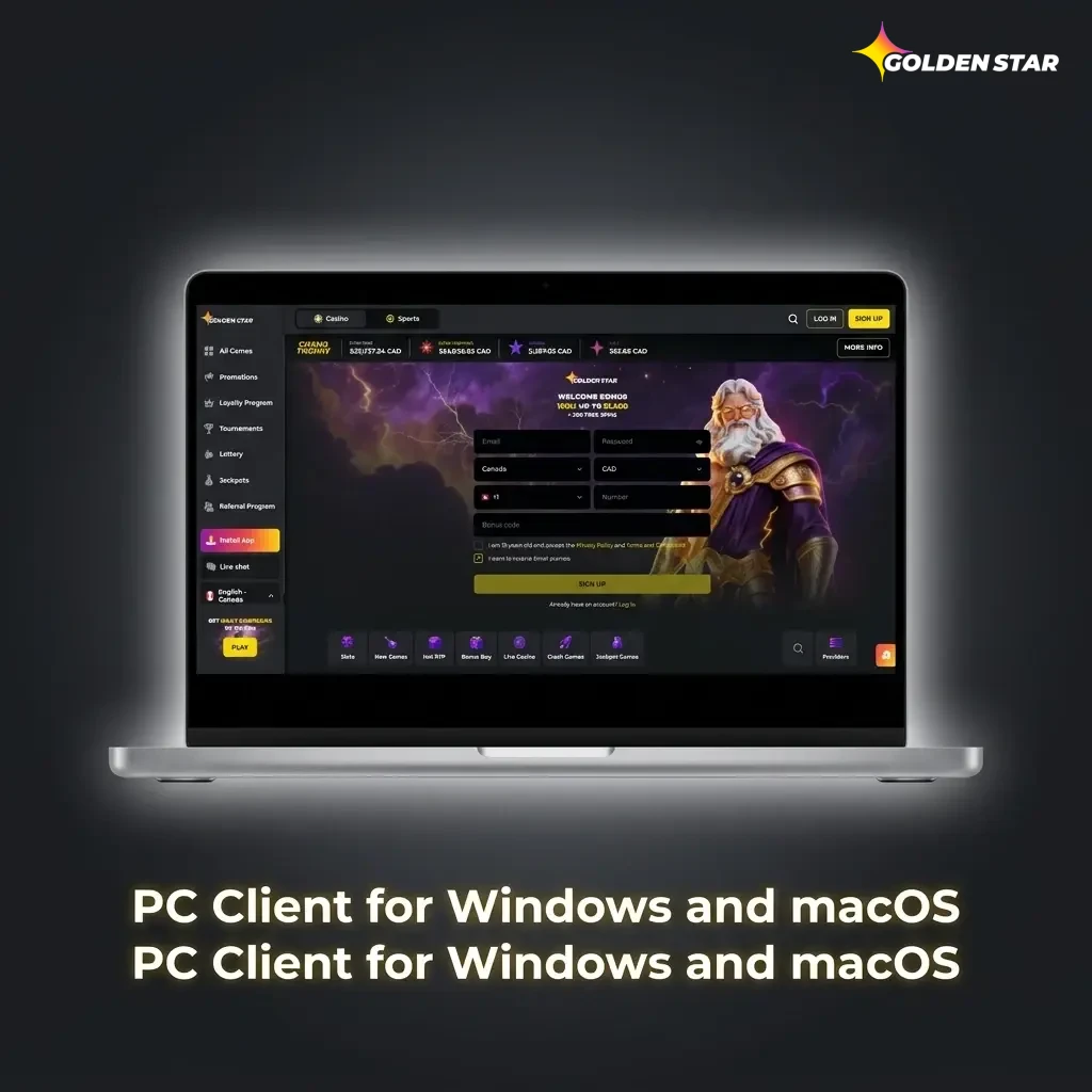 Golden Star Casino website accessible on Windows and macOS browsers, no desktop app required for sports betting or casino games.