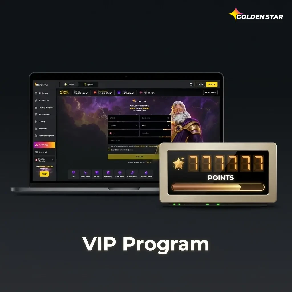Golden Star Casino VIP loyalty programme tiers showing rewards, cashback rates, and exclusive benefits for active players