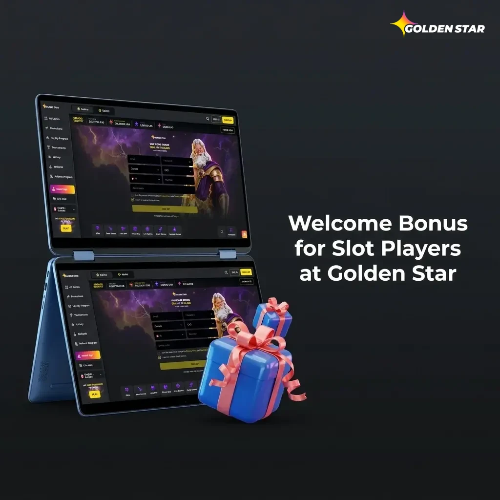 Golden Star casino welcome bonus offer showing 100% match up to $1,500 plus 300 free spins for new slot players