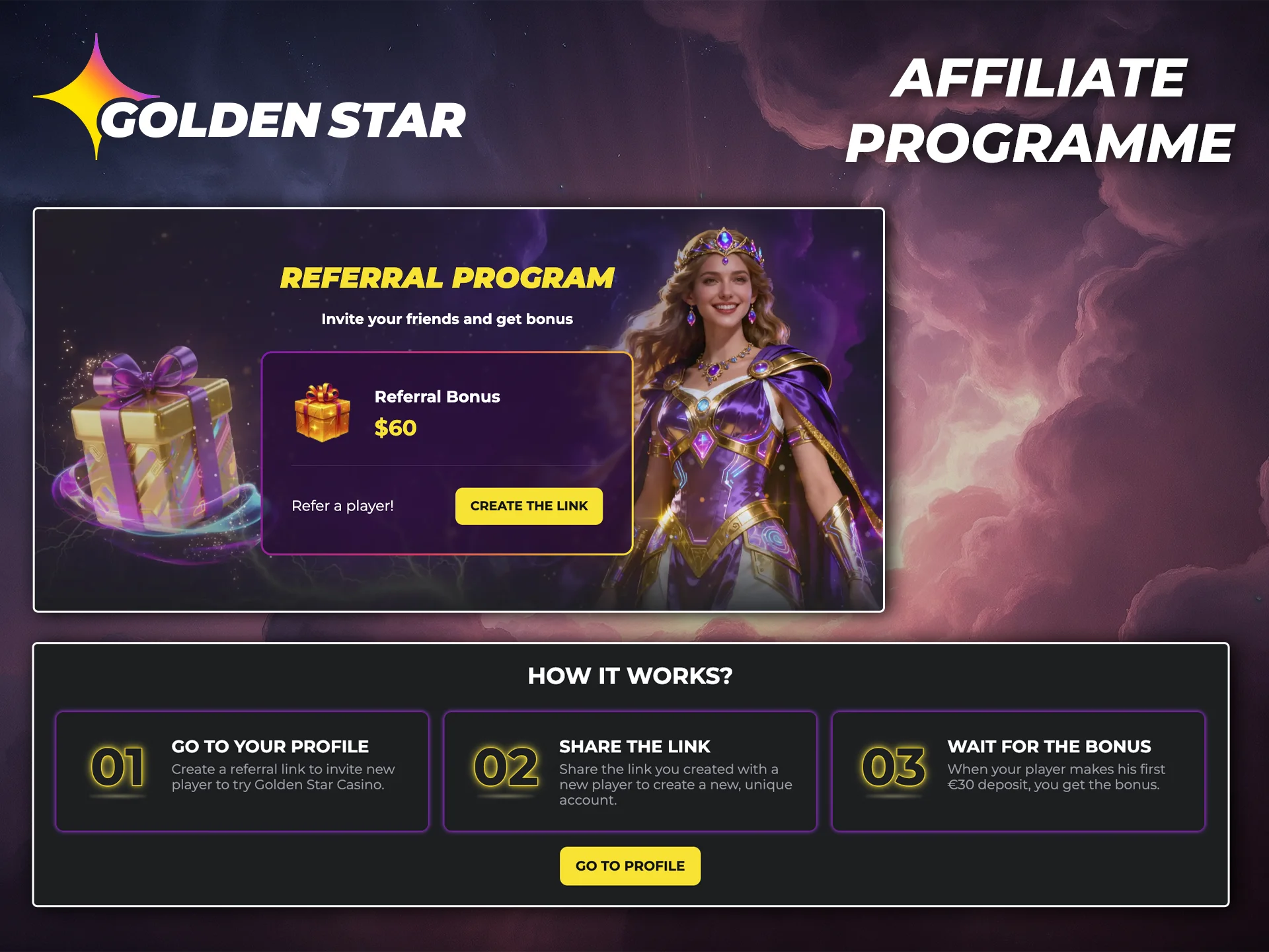 Join the Golden Star affiliate programme and earn extra bonuses.