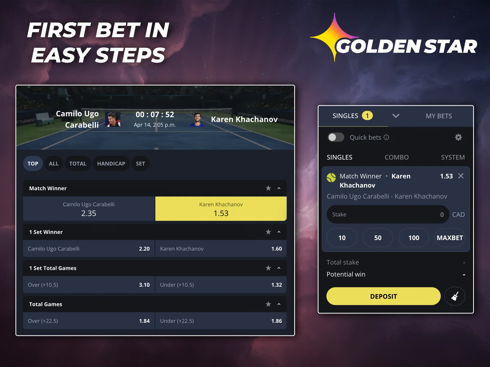 Choose tennis for your winning bet on the Golden Star website.