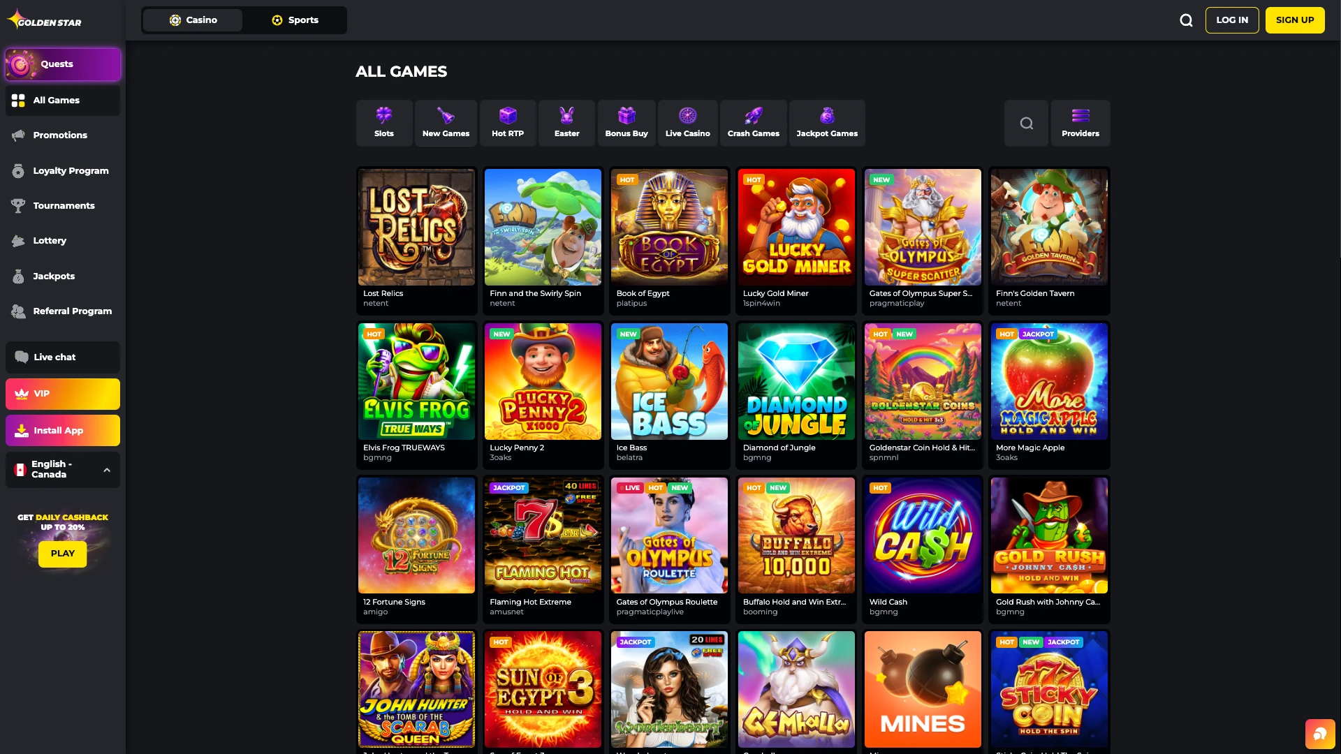 Slots and games on the Golden Star website.