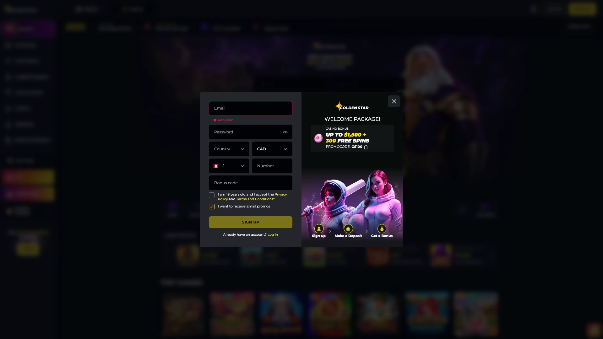 Quick registration form on the Golden Star website.