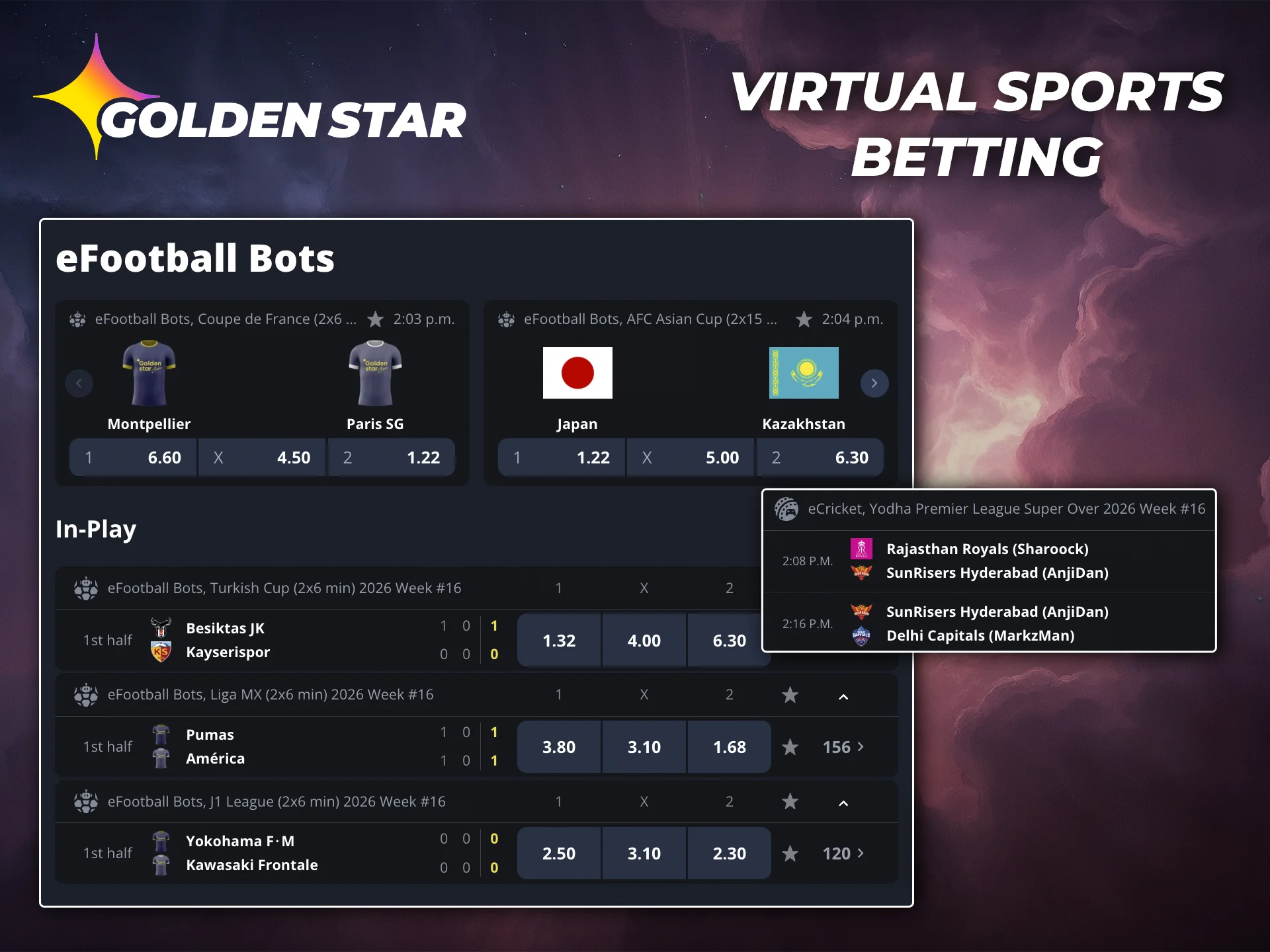 Gain valuable experience in betting on virtual sports, which are available on the Golden Star website.